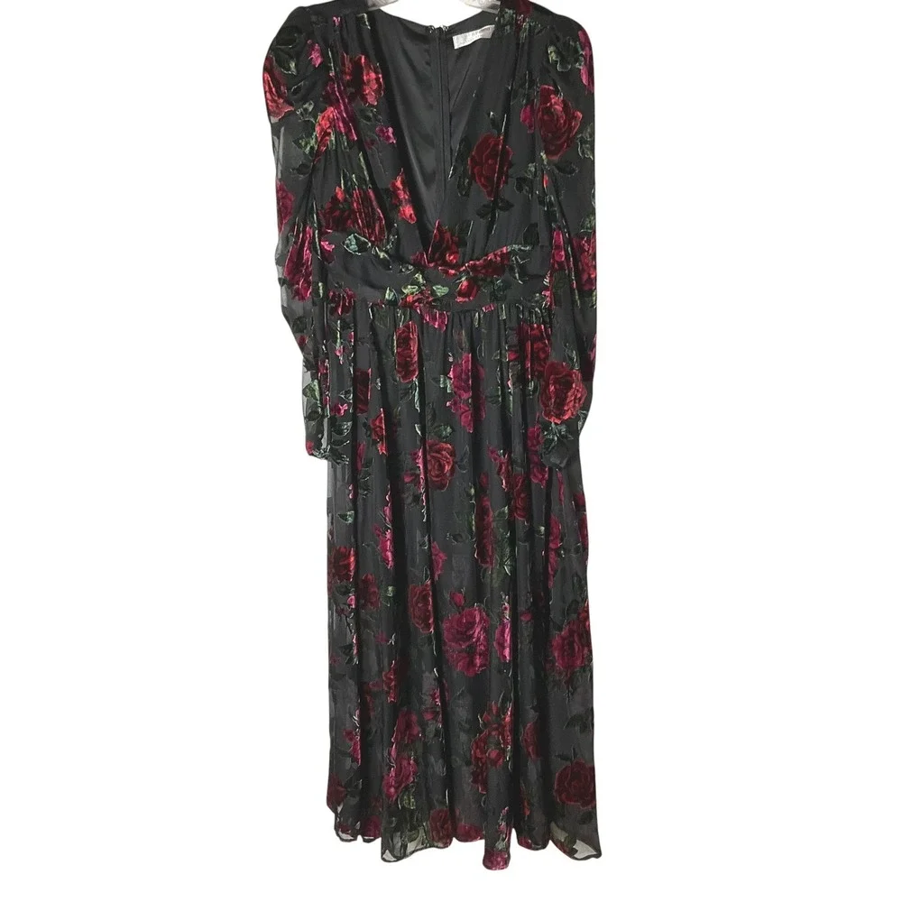 Rachel Parcell Burnout Velvet Maxi Dress V-Neck Gown Black Red Size 8 *READ FLAW - Picture 2 of 10